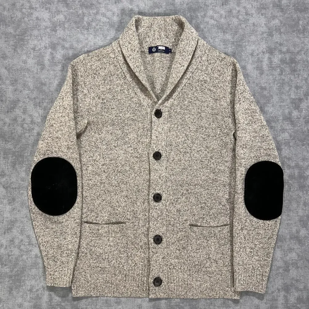 J Crew Lambswool Shawl Collar Cardigan Sweater Gray Elbow Patches Mens Small